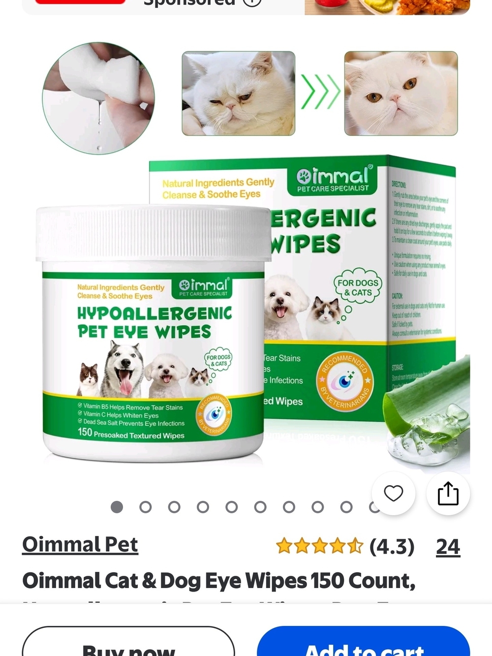 Hypoallergenic Pet Eye Wipes - White & Green - 150 Count